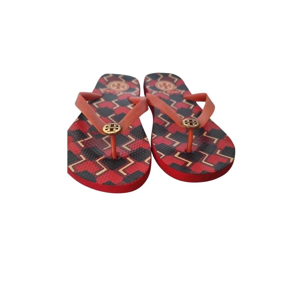 Tory Burch Red Black Geometric Logo Flip Flop Sandals Women Size 9.5